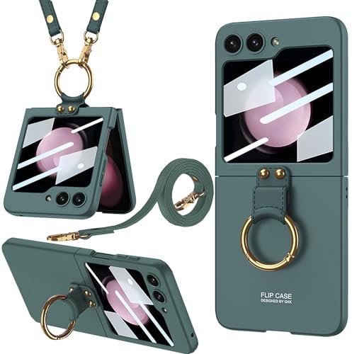 Miimall Custodia con Laccetto Compatibile con Samsung Galaxy Z Flip 5, Cover Antiurto in PC con Pellicola HD per Piccoli Schermi, Cavalletto Regolabile ad Anello, Case Sottile per Z Flip 5, Verde