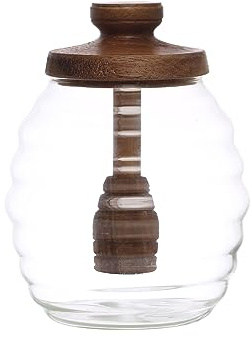 4 Inches Round 14-Ounce Glass Honey Jar with Acacia Wood Lid and Attached Honey Dipper for Kitchen, Natural