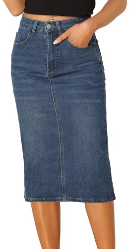 Allegra K Jupe en Jean Décontractée pour Femmes, Taille Haute, Extensible, Mi-Longue