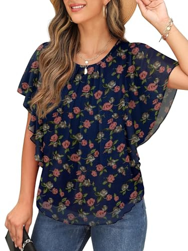 QIXING Womens Summer Blouses Casual Ruffle Sleeve Loose Round Neck Chiffon Flowy Ladies Tops Tunic for Women UK (Navy Blue Rose, L)