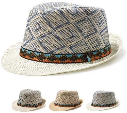 Initlove Sombrero Fedora de paja para hombres y mujeres, sombreros de verano de ala corta, azul marino, Talla única