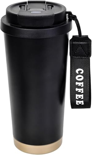 Coffee Cup Travel Mug 530ml, Insulated Coffee Cup with Leakproof Lid, Double-Wall Coffee Mug, Reusable Coffee Cups with Flip Straw, Vacuum Stainless Steel Thermal Mug for Hot and Cold Drinks (Black)