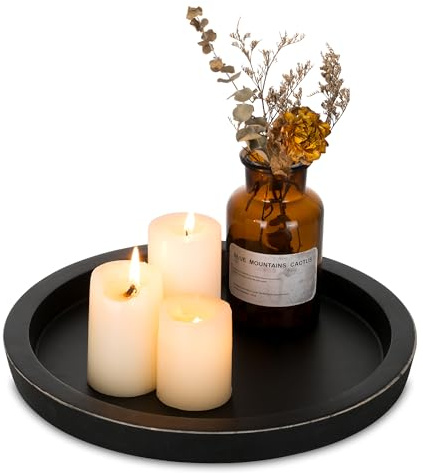 Hanobe Candle Plate Holder Tray: Round Wood Decorative Candle Plate - Rustic Farmhouse Coffee Table Decor - Tealight Pillar Trays for Home Decor (Black)