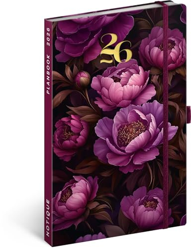 NOTIQUE Möteskalender 2026 ca A5-2-i-1 kalender och anteckningsbok, inbunden veckoplanerare med gummibandstängning, 144 sidor möteskalender, bokkalender, planbok (lila blommor)