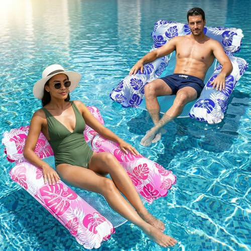 Jsdoin Pool Inflatables, 2 Pack Inflatable Pool Toys, Inflatable Pool Chair for Adults, Swimming Pool Water Hammock, Tanning Pool with 3 Floating Pipes Monstera leaf(Red+Blue)(3 Floating Pipes)
