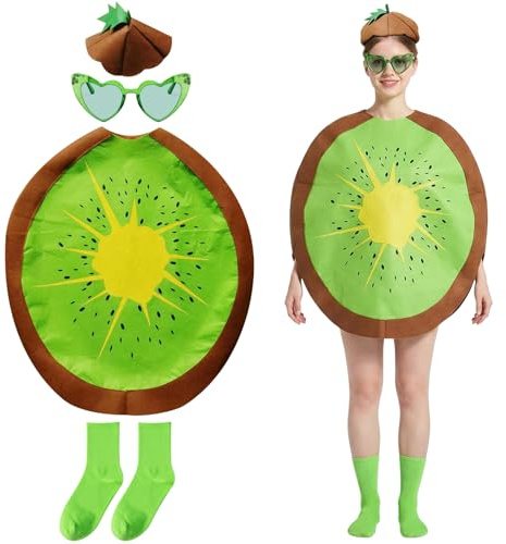 HTTDSLF Kiwi Costume Ensemble pour Adultes, Costumes de Kiwi - Chapeau|Robe|Lunettes|Chaussette, Costumes de Performance, Costumes de Déguisement Créatifs, pour Robe Fantaisie Halloween Fêtes à Thème