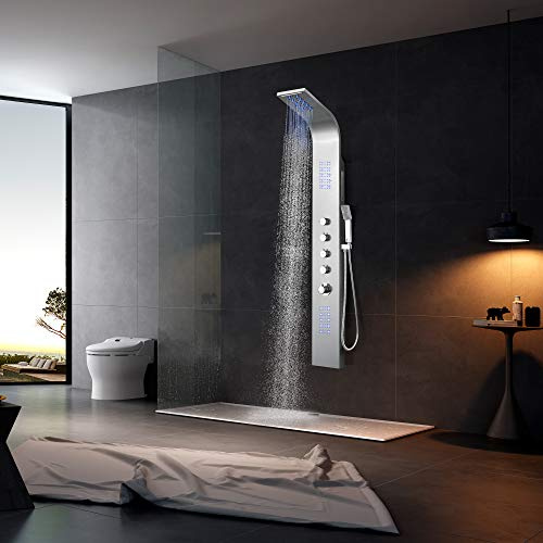 Elbe Columna de ducha termostática en acero inoxidable 304, Panel de ducha de hidromasaje multifuncional con LED. 4 modos. Estilo familiar, Tamaño grande +diseño Romántico 165 x 20 x 45 cm