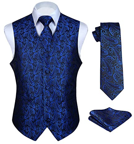 Enlision Chaleco de Vestir azul brillante Hombre Boda Jacquard Paisley Elegante Chalecos Traje Corbata y Pañuelo Floral de Fiesta M
