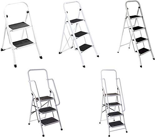 Escalera de 3 peldaños, escalera para el hogar estable, hasta 150 kg, de acero, cómoda escalones antideslizantes, con pasamanos, certificado TÜV Süd