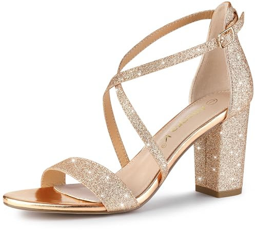Allegra K Women's Glitter Crisscross Strap Block Heels Sandals Rose Gold 4 UK/Label Size 6 US