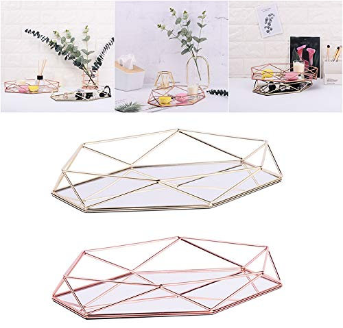 MOUMOUTEN Schmuckablage Tablett, Spiegeltablett,Kommoden Dekoratives ParfüM Spiegeltablett Polygonales Glas Metall SchmuckkäStchen Make-Up Dekorative Tablett(Roségold)