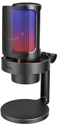FIFINE Gaming Streaming Microphone, USB PC Desktop Mic with Controllable RGB, Mute Tap, Monitoring Headphone Jack, Gain Knob for Mac/PS4/PS5, Computer Condenser Mic for Video Podcasting Chatting-A8