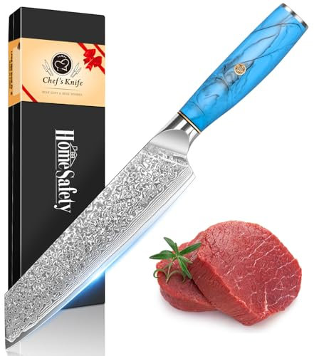 Coltello Damasco Coltello da Chef Kiritsuke, Coltello da Cucina Damascato con Lama Estremamente Affilata da 18.8cm Realizzato con 67 Strati di Acciaio Damasco VG10,Manico Ergonomico in Resina Naturale