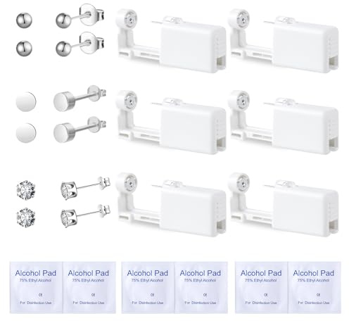 Voarge 6 Pieza Oreja Piercing Gun, desechables estériles de seguridad de la oreja de la nariz Piercing Gun Kit indoloro Auto-Perforación Herramienta(Tres formas, plata)