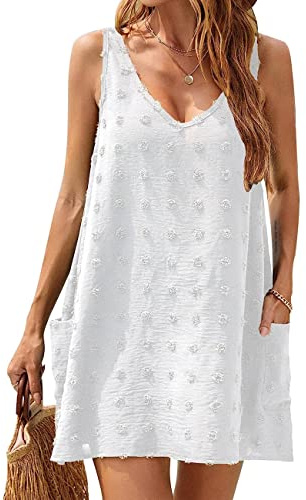 RPAEOY Robe de Plage pour Femmes sans Manches V-Cou Min Robe avec Pochette Sexy Cache-Maillots et Sarongs Ete Robe de Maillot de Bain Bikini Cover Up Couvrir Bohème Beachwear (Blanc,XL)