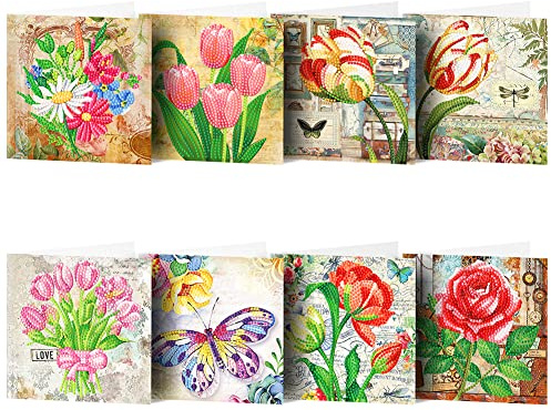 Starnearby 8PCS Cartes de Voeux Motif Fleur Diamond Painting Bricolage Partiel Peinture Diamant Carte de Voeux avec Enveloppes Carte d'Anniversaire Nouvel An Cartes Postales Carte Merci Cadeau