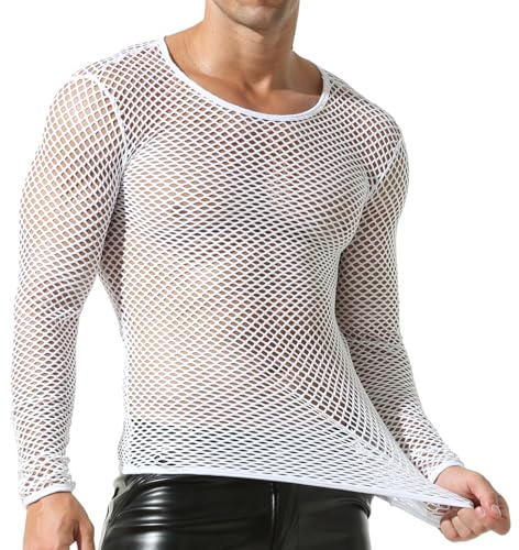 QiaTi Men's See Through T-Shirts Mesh Tops Fishnet Shirt Round Neck Undershirts Long Sleeve