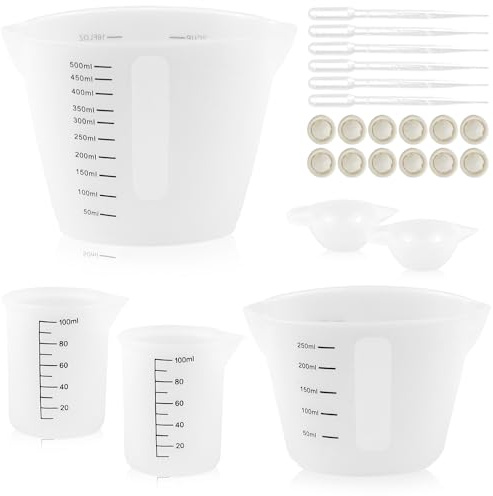 Set di misurini in resina epossidica, 500 ml/250 ml/100 ml/10 ml, in silicone per resina epossidica, misurino con scala, pipette, ditali per la produzione di gioielli