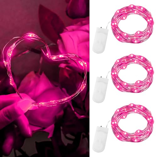 Dalugo Ghirlanda luminosa a batteria per San Valentino, 2 m, 20 LED rosa con batteria, Mini ghirlanda luminosa rosa per gonna in tulle, anniversario di matrimonio, camera da letto [3 pezzi]