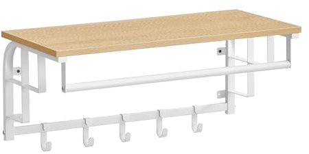 VASAGLE Wandgarderobe mit Ablage, Wandregal, mit 5 abnehmbaren Haken, wandmontiertes Hängeregal mit Hängestange, für Flur, Schlafzimmer und Wohnzimmer, goldeichenfarben-wolkenweiß LCR012N01