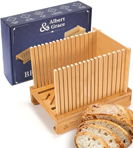 Albert&Grace Bambus-Brotschneider für selbstgemachtes Brot - Verstellbare Breitenschneideführungen, kompakter & faltbarer Kastenschneider für perfekte Scheiben & Halbieren von Bagels