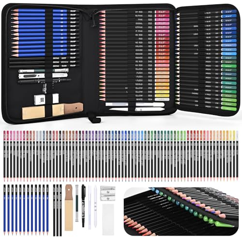 Coolzon Matite da Disegno, 95 pcs Artista Set Valigetta Disegno con Matite da Schizzo/Fusaino/Grafite, Gomma Coltello Extensore