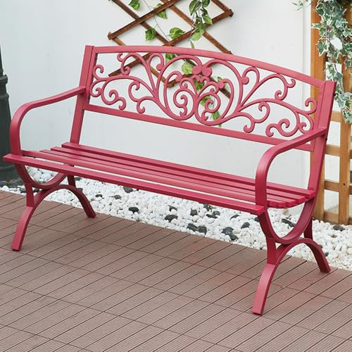 Banco de exterior con patrón floral con patas arqueadas para jardín B, patio, diseño de flores rojas