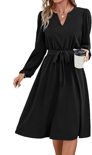 Hanaoops Midi Robe Décontractée à Manches Longues Taille Haute Ligne A Chic Elegant Col V avec Ceinture Noir pour Cocktail Casual Party Soirée Automne Hiver