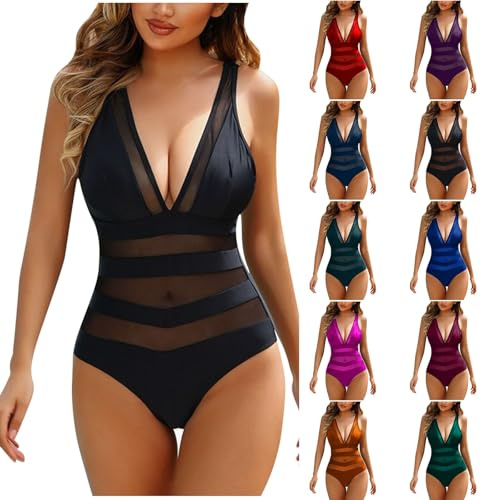 Scoopback Swimwear for Women UK Sale Clearance One Piece Mesh Swimsuit Backless Swimming Costume Tummy Control Swim Wear Sexy Bikini Monokini Swimsuits Plain Beach Bathing Suits Ladies Black