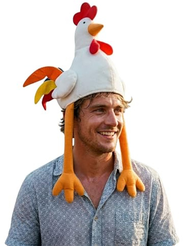 FUN FABLES Funny Chicken Hat – Plush Novelty Fancy Dress Hat with Long Legs (25cm) | Hilarious Party Costume Accessory for Adults