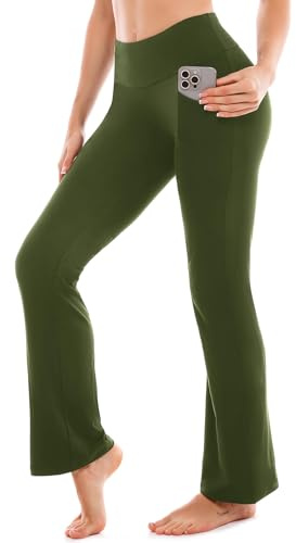 SINOPHANT Yogabyxor, dam, utsvängda sportbyxor, slagbyxor, hög midja med fickor, fritid, joggingbyxor, bootcut, jazzbyxor, 80 cm armégrön, S