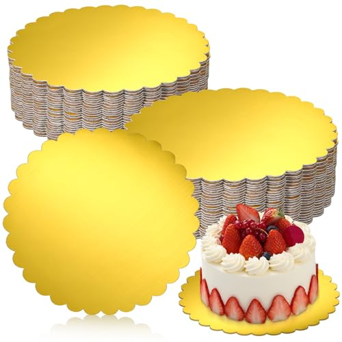 Exclaith 8 Inch Gold Cake Boards Round 50 Pack Corrugated Cardboard Circles Cake Base Food-Grade Cardboard Cakes Plate for DIY, Dessert & Crafts Display, Gold