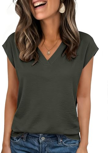 Zeagoo Summer Tops for Women Cap Short Sleeve Blouses Business Casual Outfits V Neck Work Shirts Army Green