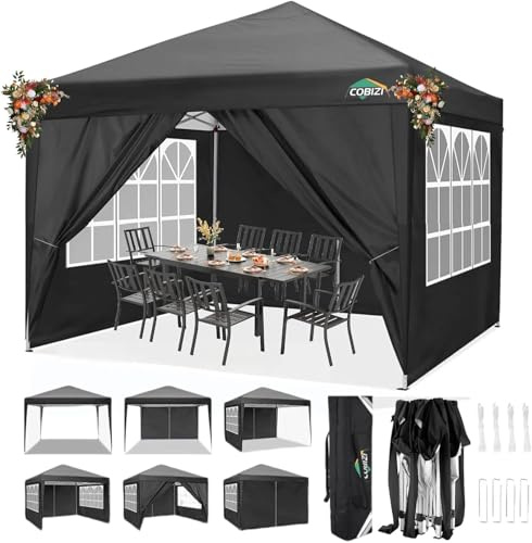 COBIZI Pavillon 3x3 m, Faltpavillon 3x3 wasserdicht stabil Faltzelt Anti-UV Faltbarer Pavillons Outdoor Faltpavillon 3x3m mit 4 Seitenwänden für Garten, Party, Hochzeit, Picknick, Markt, Schwarz
