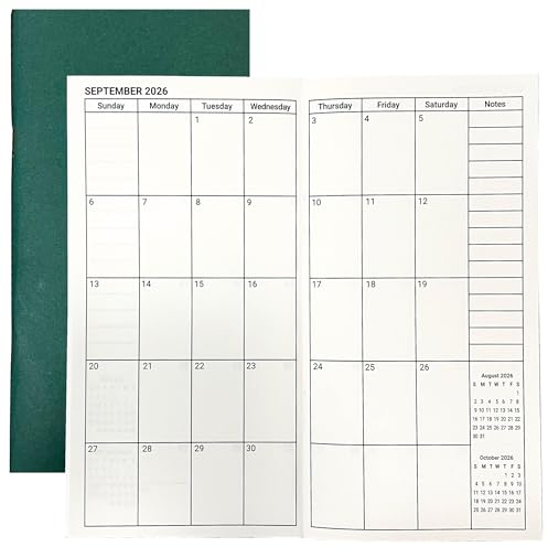 Travelers Notebook Inserts Jan 2026 - Dec 2027, Monthly Calendar Planner for 2 Years, Important Dates & Line & Dotted, 100gsm Paper, Regular Size Journal, 8.3'' x 4.25 '' Green