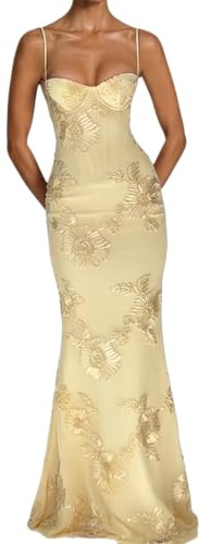 Vestidos de dama de honor de tul floral para mujer, vestido largo de encaje de sirena, corsé de tul, vestido de graduación, bordado floral, vestidos de noche formales, amarillo, S