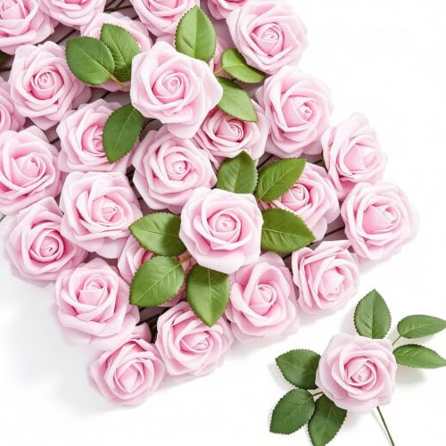 Fairblo 30 Piezas Rosas Artificiales Decoracion Flores Artificiales Rosa Falsa de Espuma Cabeza de Rosa con Tallos Flores Falsas para DIY Decoración Boda Ramo Artificial Fiesta, Rosa 7.5cm
