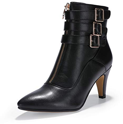 IDIFU Women's IN3 Kitten Heel Ankle Boots Pointed Toe 3 Buckle Straps Small Low Heeled Short Booties with Side Zipper Decrative Front Zipper Vintage Dressy Boots(Black, 8.5)