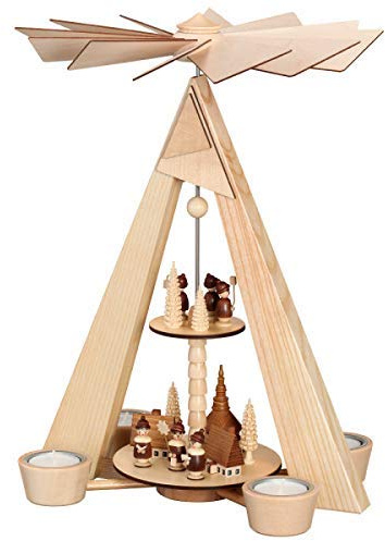 Rudolphs Schatzkiste Pyramid of Tea Light - Nature (2 Stock) Seiffen Village with Choir & Laternenkindern Height Approx. 36 cm New Erzgebirge Christmas Pyramid Table Pyramid