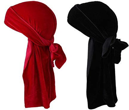 2pcs Velvet Durag for Men Women, Long Tail Durag Headwraps Cap Pirate Bandanas Turban for 360 Waves (Red+Black)