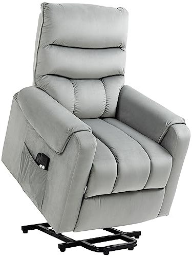 HOMCOM Aufstehhilfe Relaxsessel TV Sessel mit schlaffunktion elektrischer Fernsehsessel mit Liegefunktion Samtartiges Polyester Metall Schaumstoff Hellgrau 79 x 97 x 103 cm