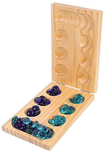 TOYANDONA Mancala Board Game Toy Set: Marble Game with Wood Board Color Glass Stones Storage Bag Hardwood Folding Game Board for the Whole Family