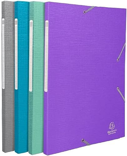 Exacompta - Réf. 55650E - Lot de 4 chemises à élastiques Teksto - pochettes 3 rabats Maxi Capacity - en carte enduite - dimensions 24 x 32 cm pour documents au format A4 - couleurs assorties