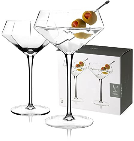 Viski Seneca Diamond Faceted Stemmed Coupe Glasses, Fancy Crystal Martini Glasses, Modern Glassware Perfect for Espresso Martini, Manhattan, Champagne Cocktails, Home Bar Accessories, 11 oz Set of 2