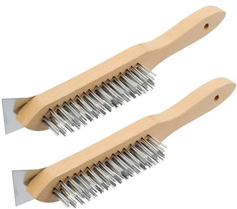 MAXMAN Stainless Steel Wire Scratch Brush, 12 Inch Wooden Handle Wire Brush with Metal Scraper, Heavy Duty Wire Brushes for Cleaning Rust, Paint Scrubbing, Dust and Other Hard Surfaces 2 Pieces