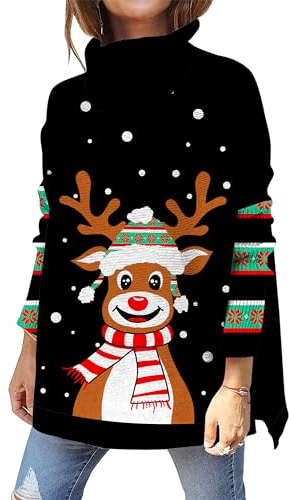 Kids4ever Maglione da Donna Nero a Collo Alto Natalizio Maglione Lavorato a Maglia Accogliente Brutto Alce Stampato Natale da Donna a Maniche Lunghe con Spacco Laterale Pullover Allentato M