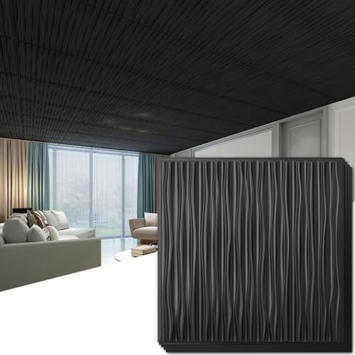 Art3dwallpanels Ceiling Tiles 24 x 24 for Interior Wall Décor, 12 Pack Drop Ceiling Tile 3D Wall Panel Fire Rated Waterproof Premium PVC, No Sag and Breakage Wall Panels Cover 48.Sq.Ft. Black