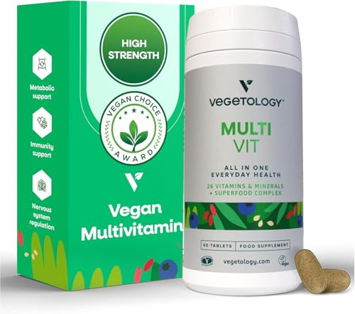 Vegetology Vegan Multivitamin Tablets for Women and Men, 26 Chelated Vitamins and Minerals with Iron, Vitamin B12, D3 and K2, Metabolic, Brain, Immune Support, 60 Tablets, 2 Months Supply, Ages 11+