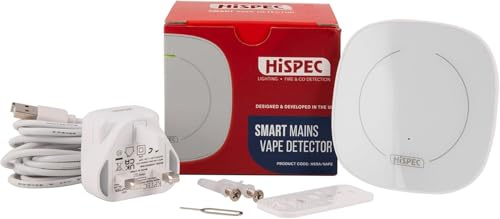 Hispec Detector de vapeo inteligente alimentado por red, detección de vapeo en tiempo real, habilitado para Wi-Fi, fácil instalación, alertas de aplicaciones, ideal para escuelas, oficinas y hogares