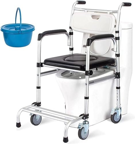 Sedia da toilette regolabile in altezza, sedia da toilette a rotelle in lega di alluminio, sedia da toilette con sedile a rotelle, sedia da doccia con bracciolo e schienale per adulti disabili anziani